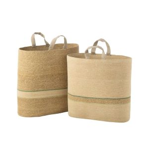 SET OF 2 BASKET STRIPE + HANDLE NATURAL/GREEN