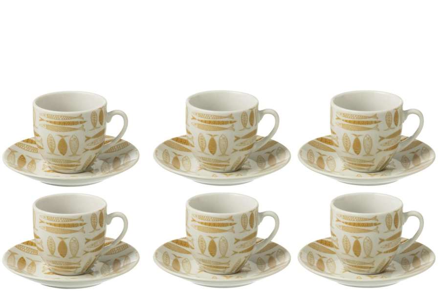BOX OF 6 COFFEE CUP+SAUCER FISH CERAMICS BROWN