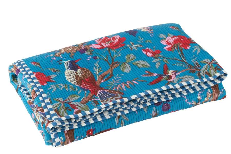 PLAID BIRDS/FLOWERS COTTON VELVET BLUE