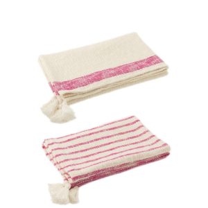 PLAID STRIPES+TASSELS COTTON WHITE/PINK ASSORTMENT OF 2