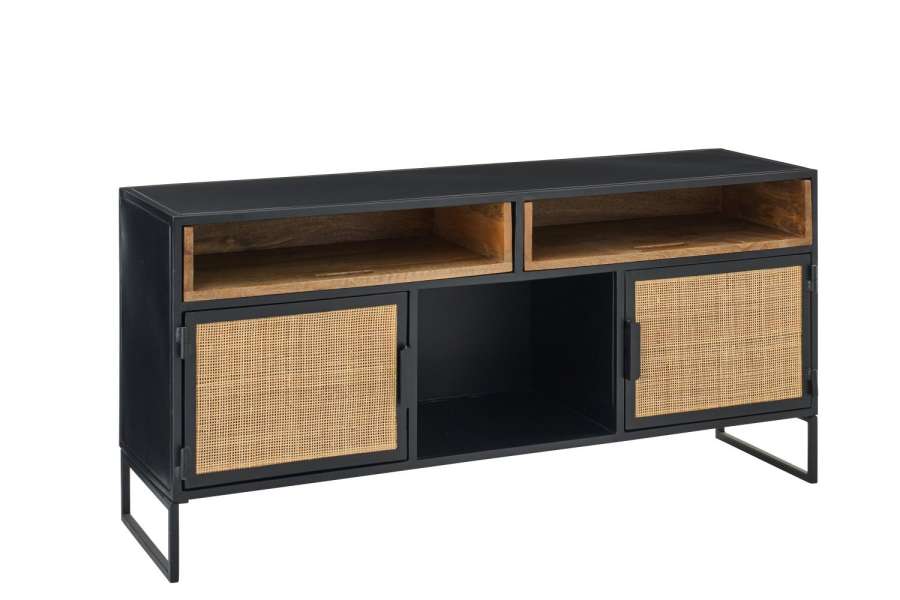 TV STAND WITH CANE PANELS IRON BLACK/NATURAL