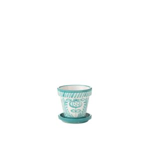 FLOWERPOT+PLATE GRANADA HANDMADE/HANDPAINTED CERAMIC AQUA/WHITE SMALL