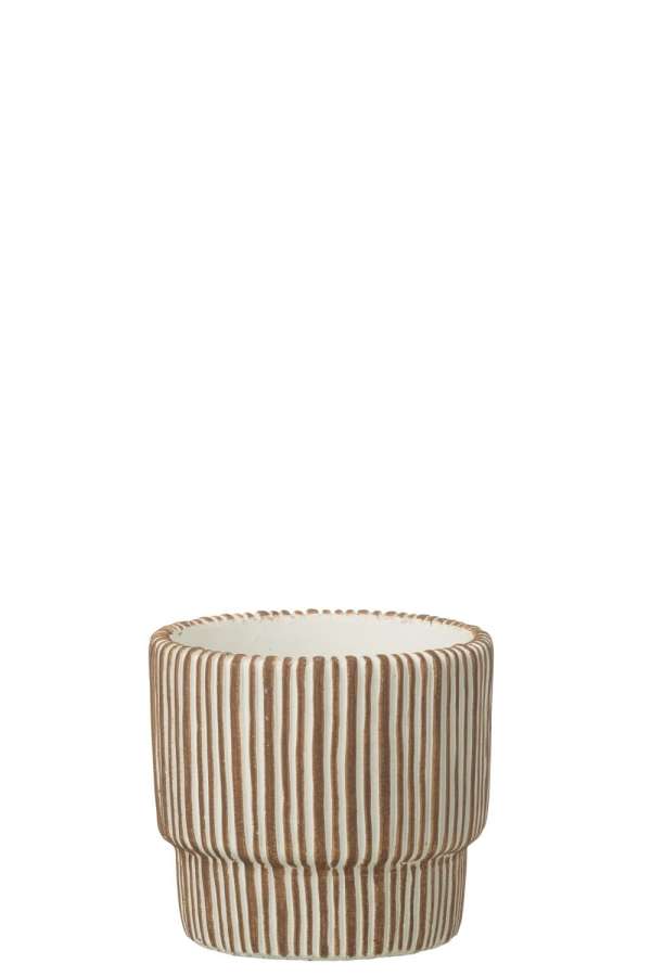FLOWERPOT ROUND STRIPED CEMENT WHITE/DARK BROWN SMALL