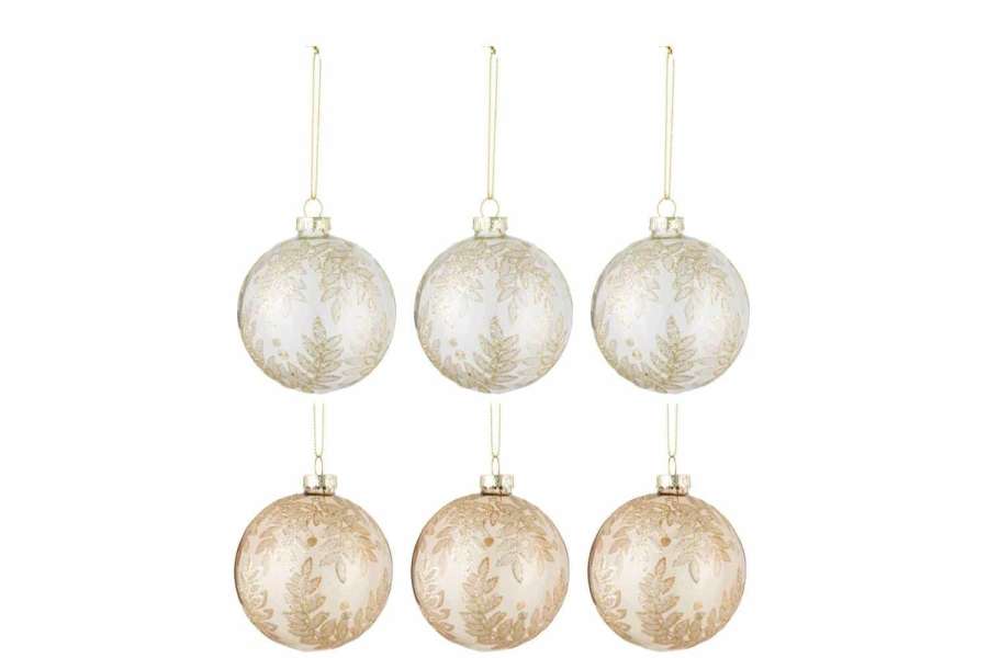 BOX OF 6 CHRISTMAS BAUBLES 3+3 LEAVES GLASS TRANSPARENT BEIGE/GOLD SMALL