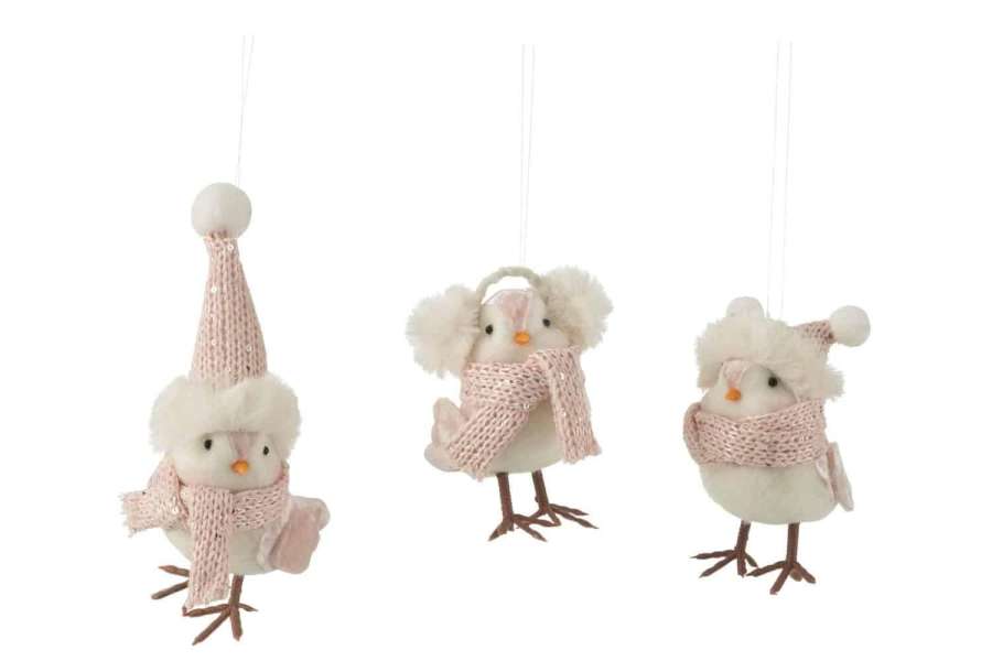 BIRD HANGING TEXTILE WHITE/LIGHT PINK ASSORTMENT OF 3