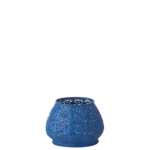 TEALIGHT HOLDER CYLINDER METAL/GLASS BLUE LARGE