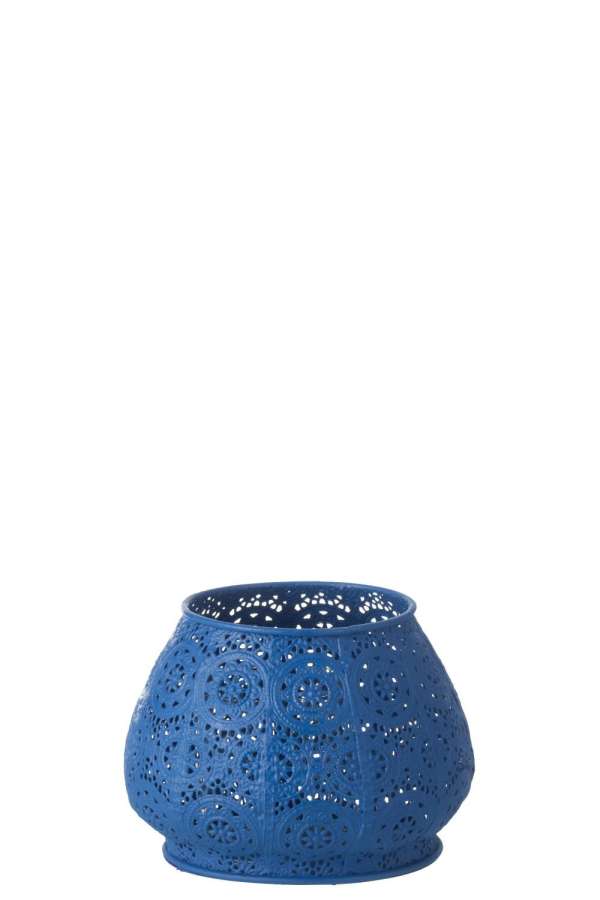 TEALIGHT HOLDER CYLINDER METAL/GLASS BLUE LARGE