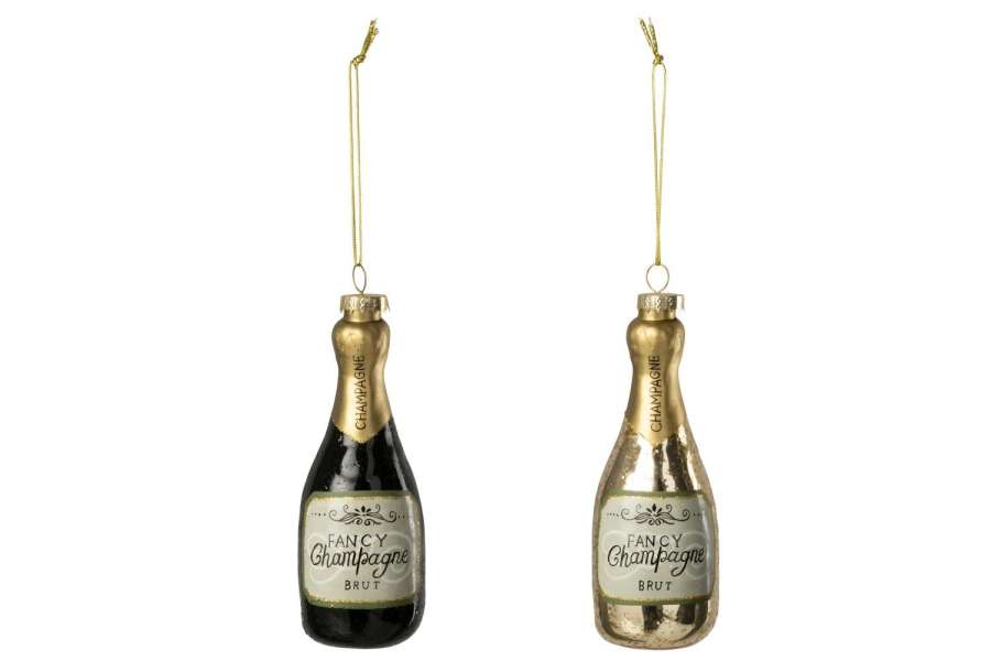 HANGER CHAMPAGNE BOTTLE GLASS BLACK/GOLD COLORED ASSORTMENT OF 2