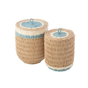 SET OF 2 BASKET WITH LID STRIPED PAPER NATURAL/LIGHT BLUE