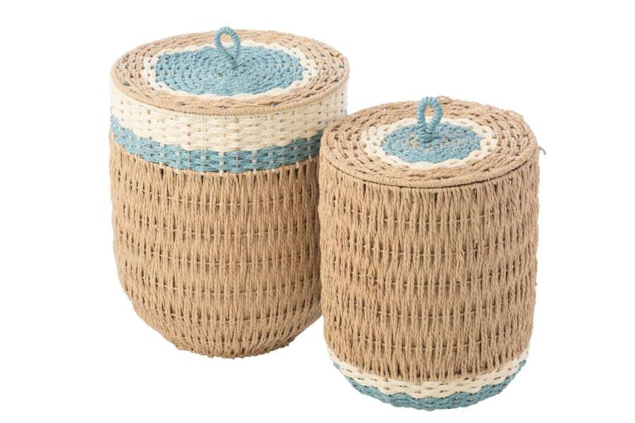 SET OF 2 BASKET WITH LID STRIPED PAPER NATURAL/LIGHT BLUE