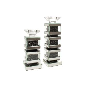 Lysestake i blank/sort  glass og speil -stor -13X39Cm