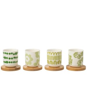 SET OF 4 COFFEE CUP+BAMBOO SAUCER IN WINDOWBOX CERAMIC GREEN
