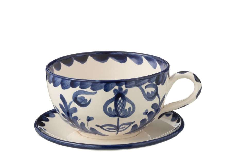 CUP+PLATE GRANADA CERAMIC WHITE/COBALTO BLUE
