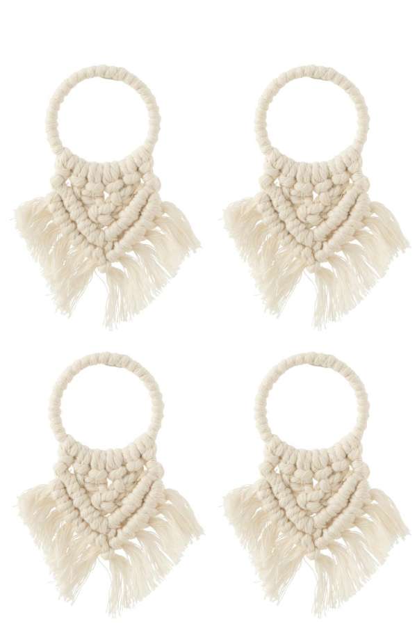 SET OF 4 NAPKIN RINGS MACRAME POLYSTER BEIGE