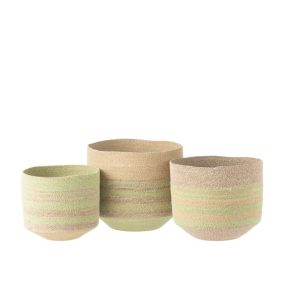 SET OF 3 BASKET STRIPES SEAGRASS NATURAL/GREEN