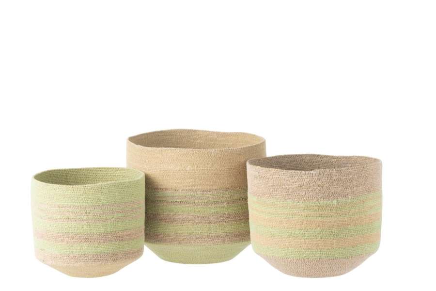 SET OF 3 BASKET STRIPES SEAGRASS NATURAL/GREEN