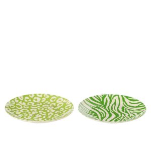BOX OF 2 PLATE DESSERT LEOPARD + ZEBRA PORCELAIN GREEN/WHITE SMALL