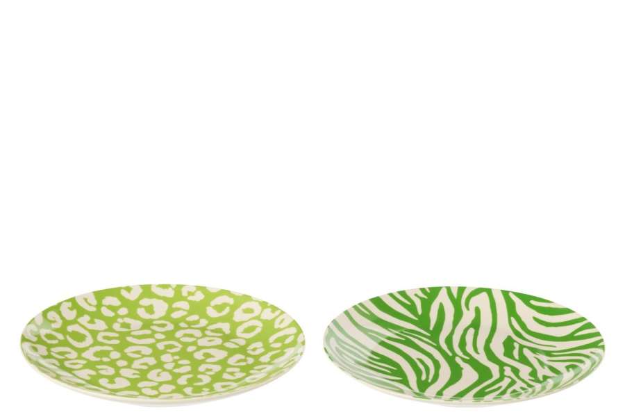 BOX OF 2 PLATE DESSERT LEOPARD + ZEBRA PORCELAIN GREEN/WHITE SMALL