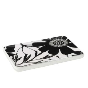 PLATTER RECTANGLE FLORAL PATTERN MANGO WOOD BLACK/WHITE