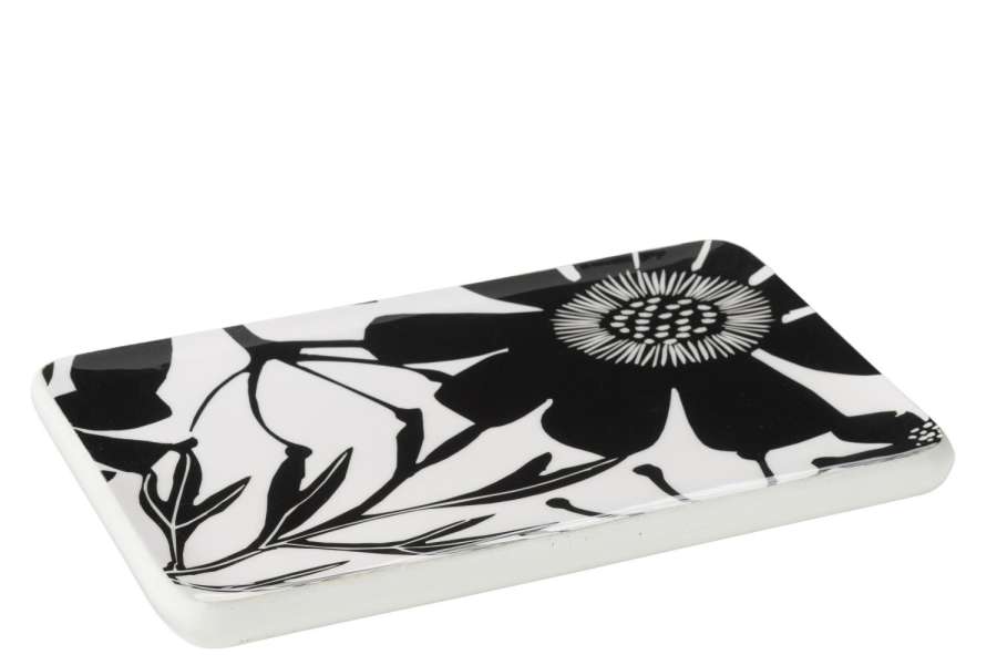 PLATTER RECTANGLE FLORAL PATTERN MANGO WOOD BLACK/WHITE