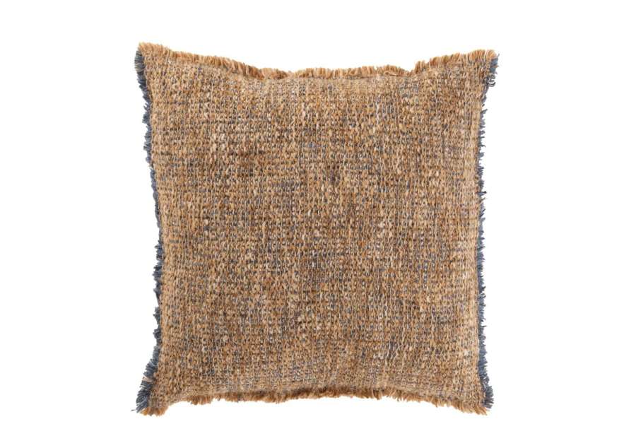 CUSHION FRAYED EDGES POLYESTER/COTTON LIGHT BROWN/BLUE