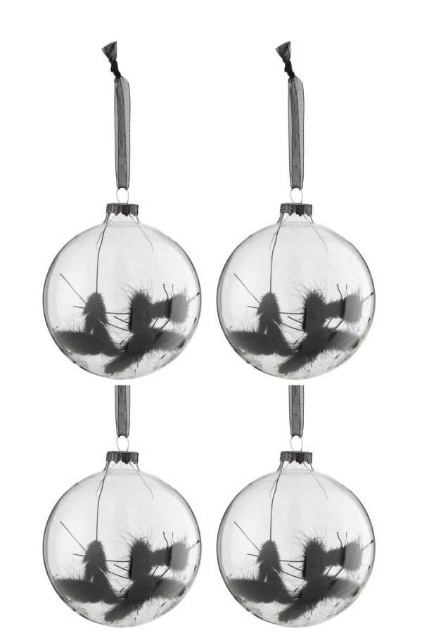 BOX OF 4 CHRISTMAS BAUBLES ROUND DRIED HARETAIL BLACK GLASS TRANSPARENT MEDIUM
