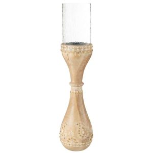 CANDLE HOLDER BEADS MANGO WOOD NATURAL/WHITE LARGE