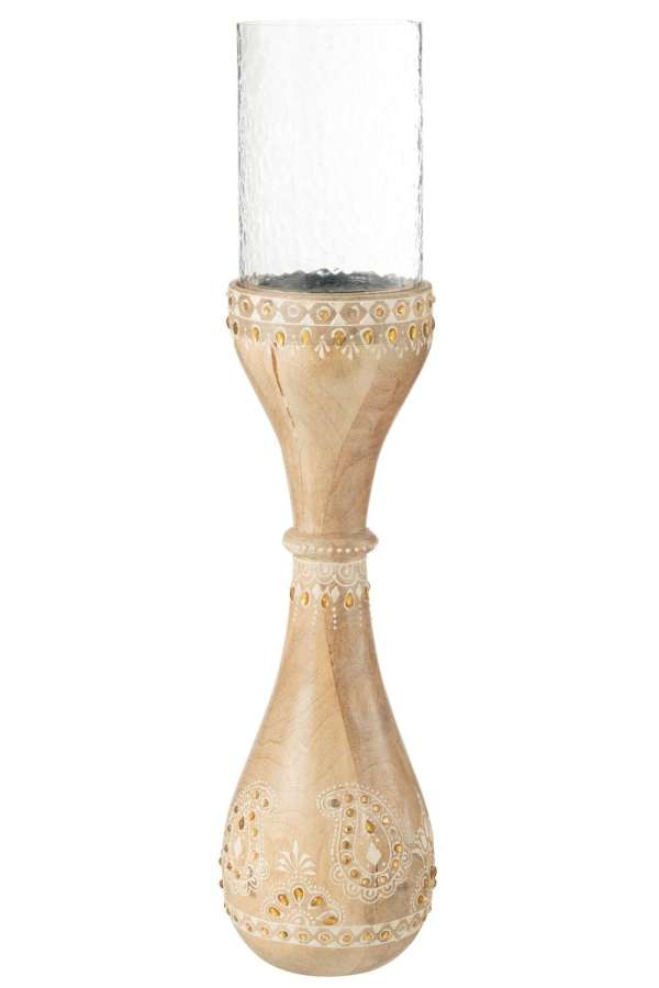 CANDLE HOLDER BEADS MANGO WOOD NATURAL/WHITE LARGE