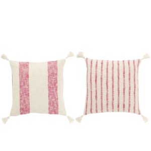 CUSHION SQUARE STRIPES+TASSELS COTTON WHITE/PINK ASSORTMENT OF 2