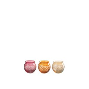 TEALIGHT HOLDER EDGE LEAVES ROUND GLASS MIX ASSORTMENT OF 3