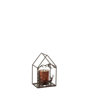 TEALIGHT HOLDER HOUSE 1 GLASS IRON RUST BROWN/BROWN