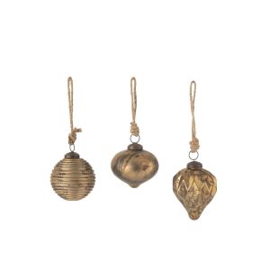 XMAS BAUBLE OXIDISED GLASS ANTIQUE GOLD SMALL ASSORTMENT OF 3