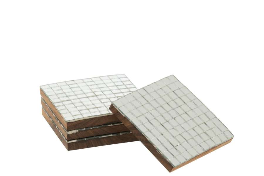 BOX OF 4 COASTER MOSAIC ACACIA WOOD SILVER COLORED