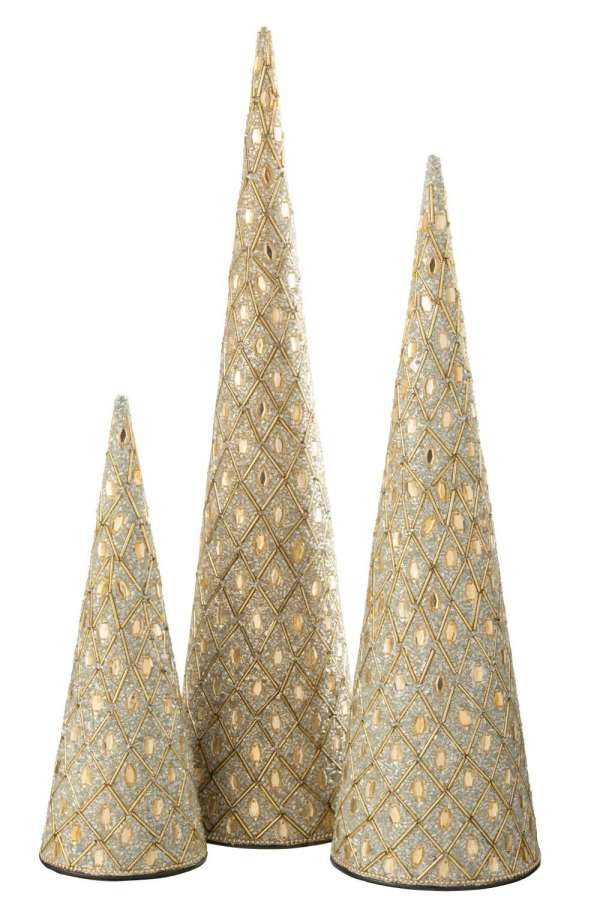 SET OF 3 CONE IRON/BEADS WHITE/GOLD COLORED
