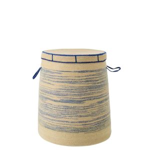 BASKET WITH HANDLE + LID STRIPED SEAGRASS NATURAL/BLUE