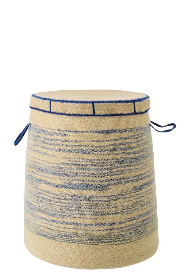 BASKET WITH HANDLE + LID STRIPED SEAGRASS NATURAL/BLUE