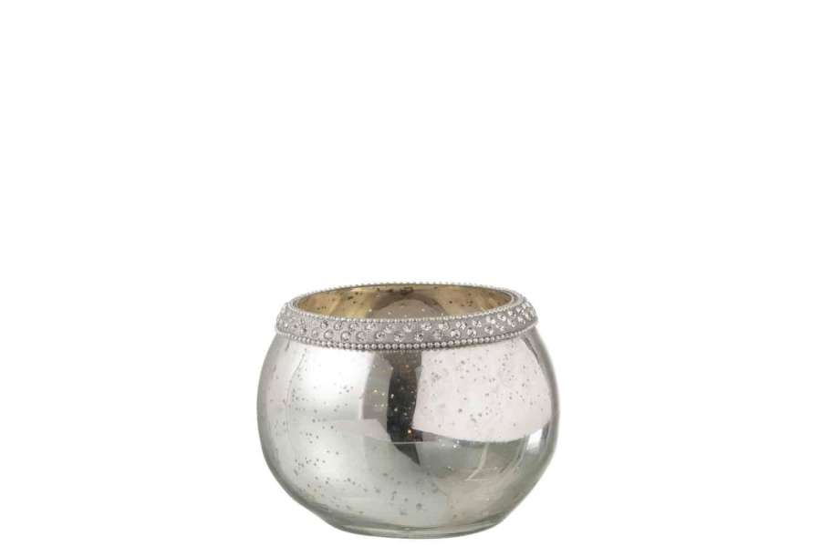 TEALIGHT HOLDER ROUND DIAMOND GLASS SILVER SMALL