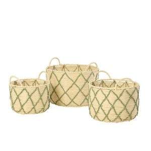 SET OF 3 BASKET WITH HANDLE ROUND CHECKERED PAPER NATURAL/KHAKI GREEN