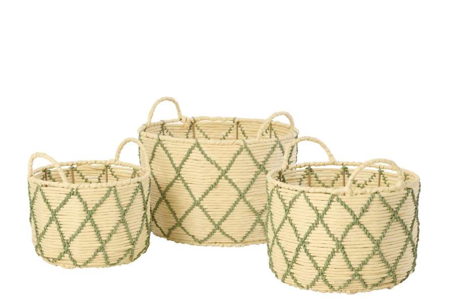 SET OF 3 BASKET WITH HANDLE ROUND CHECKERED PAPER NATURAL/KHAKI GREEN