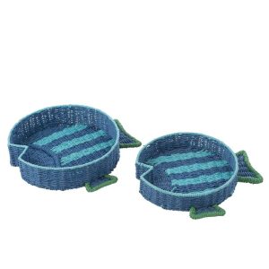 SET OF 2 DECORATIVE TRAY FISH STRIPED PAPER DARK BLUE/EMERALD GREEN