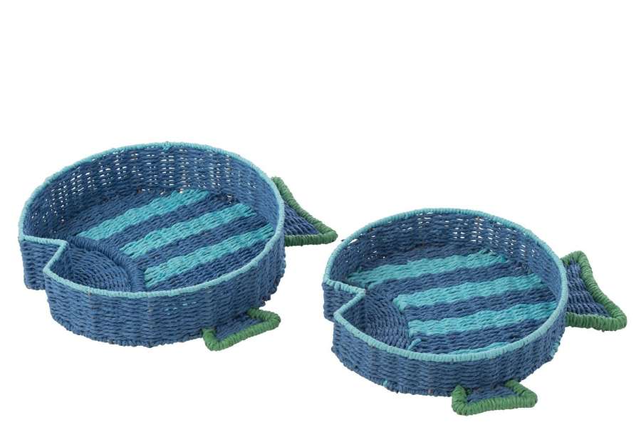 SET OF 2 DECORATIVE TRAY FISH STRIPED PAPER DARK BLUE/EMERALD GREEN