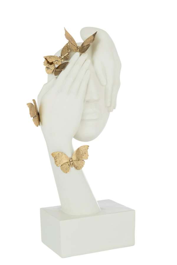 FACE BUTTERFLIES STAND POLY WHITE/GOLD
