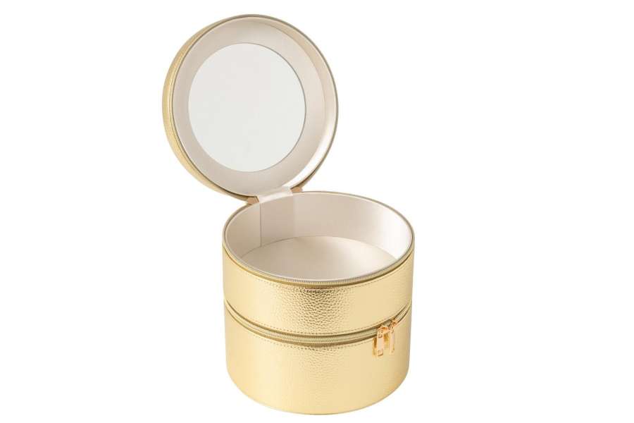 COSMETIC BOX ROUND+MIRROR ARTIFICIAL LEATHER GOLD