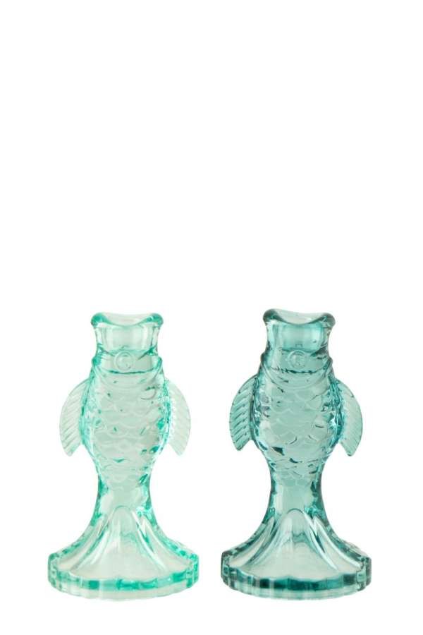 CANDLE HOLDER FISH GLASS LIGHT BLUE/TURQUOISE ASSORTMENT OF 2
