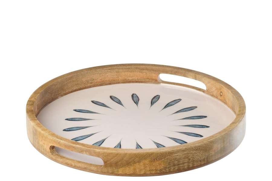 TRAY ROUND MANGO WOOD DARK BLUE/WHITE
