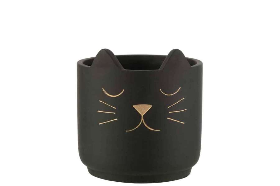 FLOWERPOT CAT CERAMIC BLACK/GOLD LARGE