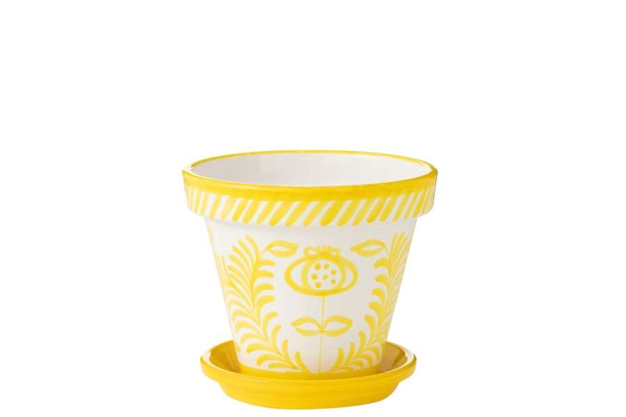 FLOWERPOT+PLATE GRANADA HANDMADE/HANDPAINTED CERAMIC YELLOW/WHITE LARGE
