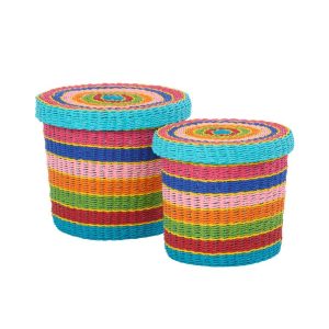 SET OF 2 BASKET +  LID STRIPED PAPER MULTI