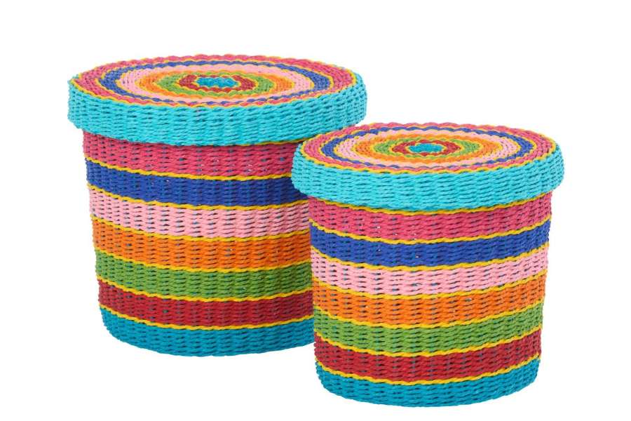 SET OF 2 BASKET +  LID STRIPED PAPER MULTI