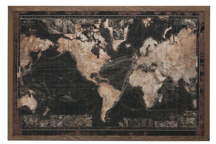 FRAME LED BATTERIES MAP WORLD WOOD/CANVAS BLACK/BROWN